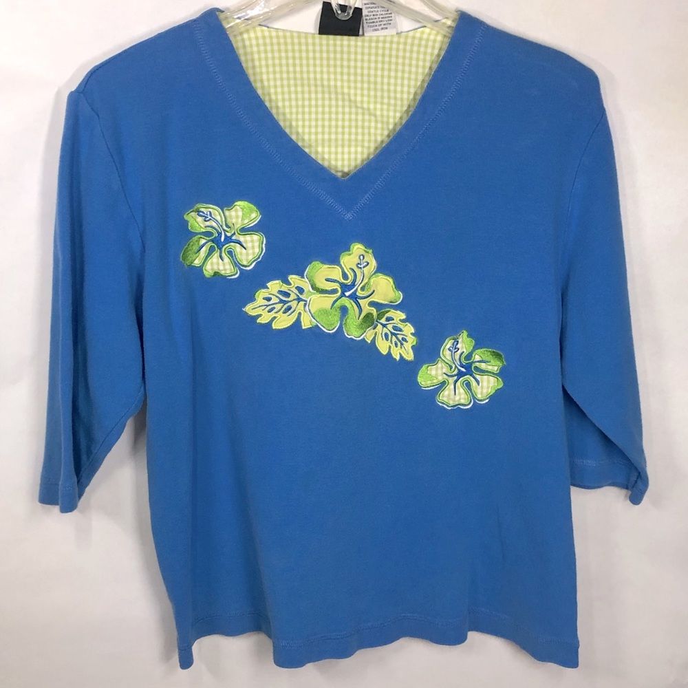 blue hibiscus quarter length sleeve shirt size sm